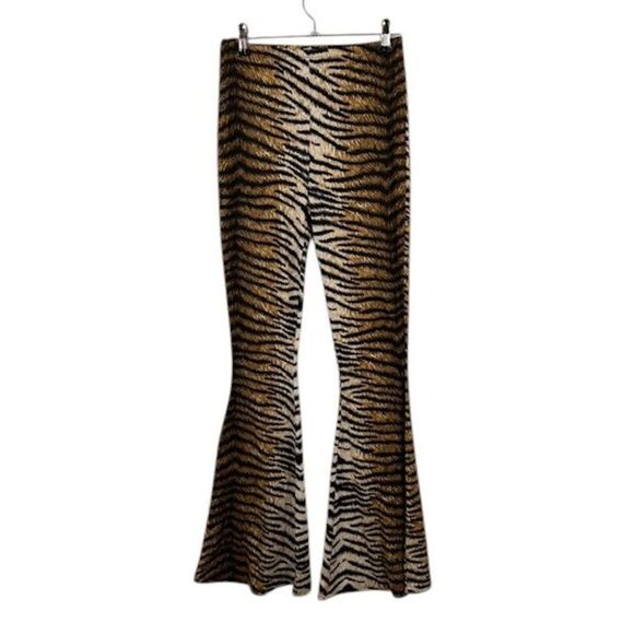 Tiger Print High Waisted Flare Stretch Pants Legging Soft Black Brown Size Small - Picture 4 of 11